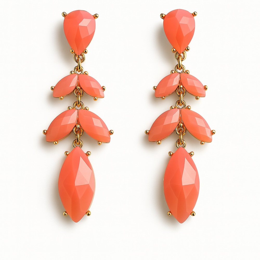 Statement Coral Drop Earrings – Gold-Tone with Faceted Stones